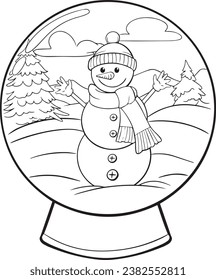 Snowman Cartoon. Christmas Snow Globe. Coloring Page for Adults and Kids. 