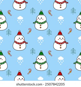 Snowman cartoon so cute. On tree candy cane cloud snow light blue background. Pattern seamless vector illustration. 