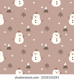 Snowman cartoon so cute. On tree mountain snow brown background. Pattern seamless vector illustration. 
