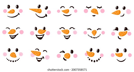 Snowman cartoon faces. Funny snowmans faces with various emotions, Christmas holiday emoticons vector illustration set