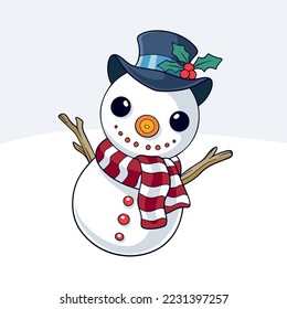 Snowman cartoon is happy and waving in the snowfall