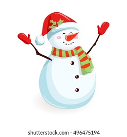 Snowman. Cartoon holiday character stand and raise his hands up. 