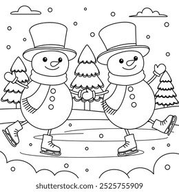 Snowman Cartoon is Ice Skating Outline Coloring Page. Christmas and Winter Illustration 