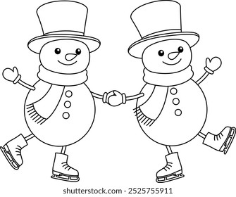 Muñeco de nieve de dibujos animados es patinaje sobre hielo para colorear. Navidades e ilustración de invierno 