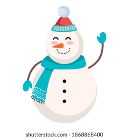 snowman cartoon with merry christmas hat design, winter season and decoration theme Vector illustration