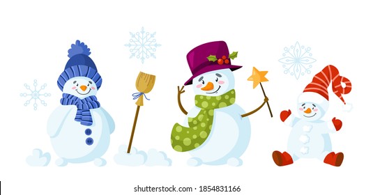 Snowman cartoon set - holidays or Christmas cute snowmen isolated on white background, winter character with scarf, santa hat, mittens, broom and festive decorations, snowflakes - vector