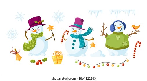 Juego de dibujos animados de Snowman - vacaciones o Navidad lindos hombres de nieve aislados en fondo blanco, personaje de invierno con bufanda, sombrero, mitones, decoraciones festivas - caja de regalo, guirnalda, bastón de caramelo, vector holly