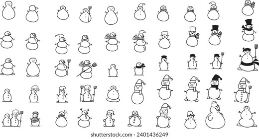 Snowman. Cartoon style in line, outline. Vector illustration.