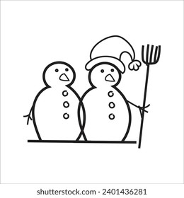 Snowman. Cartoon style in line, outline. Vector illustration.