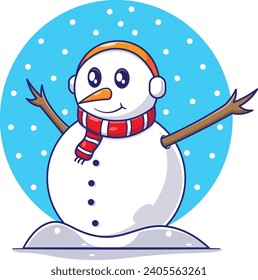 Personaje de plantilla de caricatura de Snowman con fondo de nevada. vector de diseño plano para celebrar el invierno