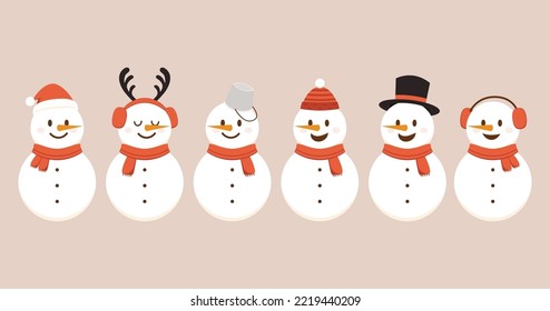 Snowman cartoon vector. Collection of snowman wear a winter theme. Graphic resource about winter and christmas for content , banner, sticker label and greeting card.