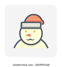 Snowman cartoon vector icon. Cute sculpture consist of snow, santa hat to built when snowfall, cold weather, winter time. Decorative object for card, banner, celebration in event i.e. merry christmas.