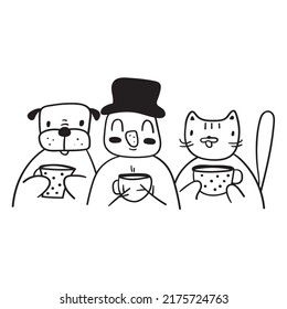 Snowman, cat and dog drink coffee. Good friends. Christmas concept. Outline illustration on white background.