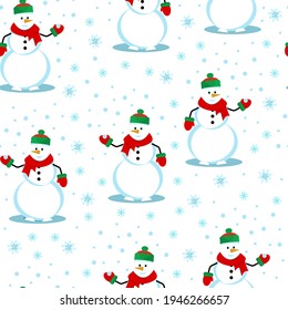 Snowman catches snowflakes seamless pattern, cute winter print, vector illustration in flat style.