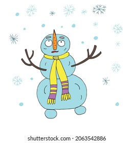 Snowman catches snowflakes. Vector character. Coloring pages for children and adults. Isolated. Cartoon.