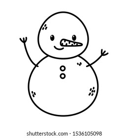 snowman character with carrot nose celebration merry christmas vector illustration thick line