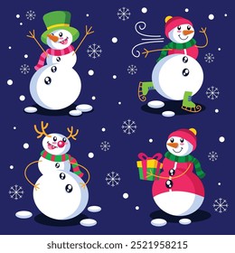 Snowman character collection set flat vector illustration