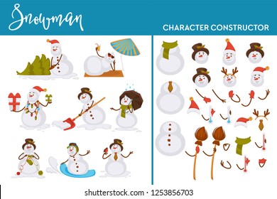 Snowman character construction winter holiday and Christmas design vector man made of balls of snow wearing traditional Santa Claus hat having carrot nose working with shovel presents in hands.