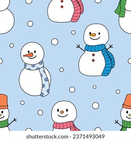 Snowman character design seamless pattern background for illustration, greeting wrapping, winter, wallpaper