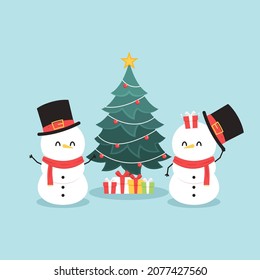 Snowman character design. Snowman vector illustration on blue background