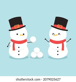 Diseño de personajes de Snowman. Ilustración vectorial Snowman sobre fondo azul. Balón de nieve.