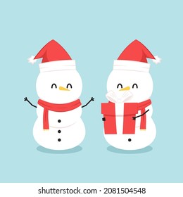 Snowman character design. Snowman vector illustration on blue background.