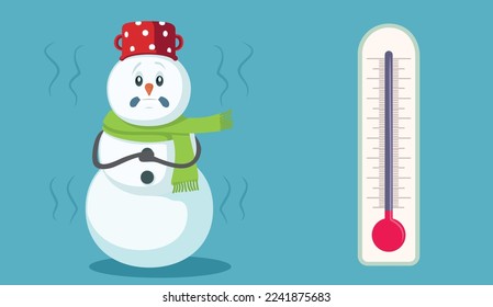 
Snowman Character Freezing Next to a Thermometer Cartoon Illustration. Winter character suffering in terrible coldness outdoors 
