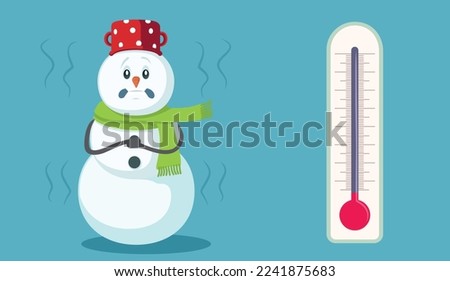 
Snowman Character Freezing Next to a Thermometer Cartoon Illustration. Winter character suffering in terrible coldness outdoors 
