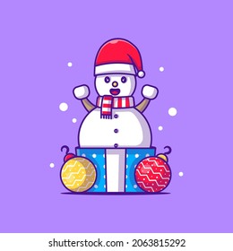 Snowman character Illustration with christmas gift .Merry christmas