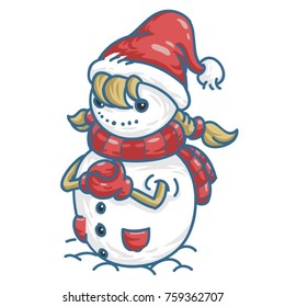 Snowman character. Looks very cheerful. Welcome christmas and new year holidays. Vector cartoon illustrations.