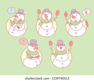 The snowman character is making various gestures in a circular frame. hand drawn style vector design illustrations.