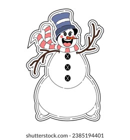 Snowman Character for Merry Christmas, Isolated in Retro Cartoon Style