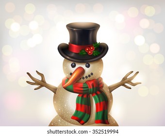 Snowman character on beautiful bokeh background - vector illustration.