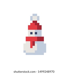 Snowman character. Сap on head and red scarf around neck. Pixel art greeting card design. Isolated vector illustration