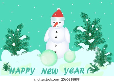 Snowman character on a turquoise  background with Christmas Trees, Christmas balls, snowflakes and snow. Happy New Year and Merry Christmas. Flat vector illustration. Not AI generated