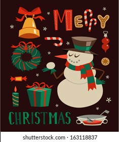 Personagem boneco de neve e outros elementos. Fundo de Natal. Ilustração vetorial.