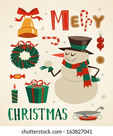 Snowman character and other elements. Christmas background. Vector illustration.