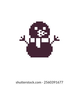 Snowman character pixel art icon, with scarf around neck. Greeting card design. Isolated vector illustration
