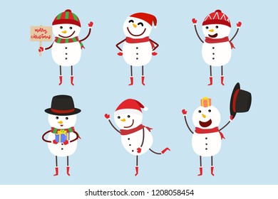 Snowman character set. Design of snow man hold merry Christmas tag, charming act, happy smile, hold the present gift character for Christmas decoration element. vector illustration