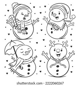 Snowman character set of hand drawn coloring