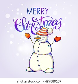 ?artoon Snowman character showing Merry Christmas - vector illustration