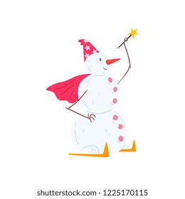 Snowman character skiing with a magic wand, Christmas and New Year holidays decoration element vector Illustration on a white background