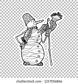 Snowman character vector linear illustration. Winter hand drawn clipart. Black and white sticker on transparent background. Christmas, New Year decoration. Snowman coloring book isolated