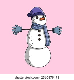 Snowman character wearing a blue scarf, hat and gloves