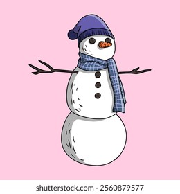 Snowman character wearing a blue scarf and hat