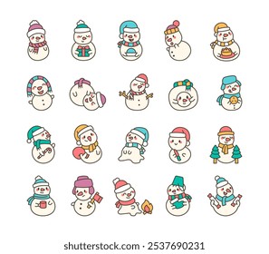 Snowman characters bundle for Christmas holiday decorations with festive elements and winter illustrations