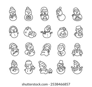 Snowman characters bundle for Christmas holiday decorations with festive elements and winter illustrations