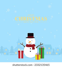 Snowman characters with city village and christmas tree in night time with snowfall. Christmas season and Happy new year season. Vector illustration