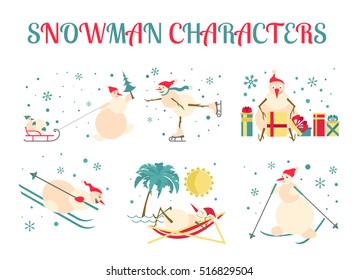 Snowman characters icon set. Flat design. Vector illustration
