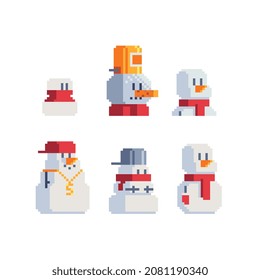 Snowman characters set. Сap on head and red scarf around neck. Pixel art greeting card design. Isolated vector illustration